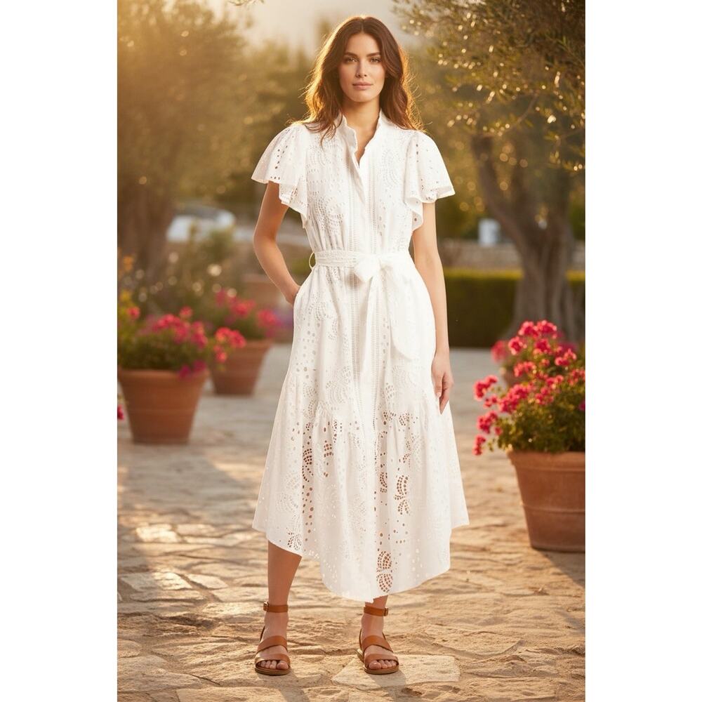 Ciebon Isabella Cotton Eyelet Midi White Dress Size Small Pockets Belted
